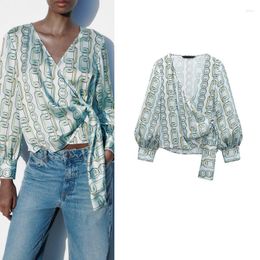 Women's Blouses Spring Long Sleeve V Neck Loose Chain Printed Shirt