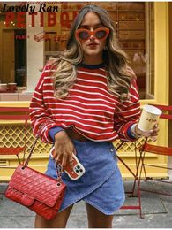 Fashion Red Striped Contrast Colour Knit Pullover Women Loose O Neck Long Sleeve Female Sweater Top Lady Casual Elegant Knitwear