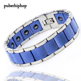 New Men Bracelet Energy Health Magnetic Bracelets For Man Blue Black Ceramic Stainless Steel Bracelet Bangles Charm Jewelry7459091