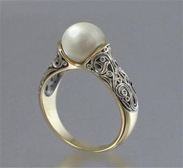 Gold Colour Punk Vintage Flower Big Simulated Pearl Ring for Woman Drop6217619