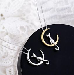 Fashion Cute Animal Cat Moon Pendant Necklace Lucky Kitten Pet Jewelry For Women Gift Charm Silver Color Box Chain Necklace9097362