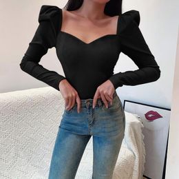 Women's T Shirts Slim Fitting Waistband Top Square Collar Slimming Retro Long Sleeve Solid Color