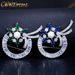 Brilliant Green and Blue Cubic Zirconia Paved Women Large Beautiful Flower Brooches Pins Jewelry with Pearl BH005 210714224J