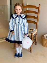 Girl Dresses Girls Casual Korean Printed Cotton Winter Clothing Style Large Lapel Thickened Dress Mid Length Clip