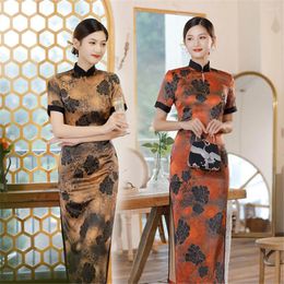 Ethnic Clothing Summer Short Sleeve Long Silk Satin Young Qipao Traditional Chinese Clothes Woman Thin Cheongsam