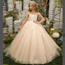 Classy Long Flower Girl Dresses Jewel Neck Tulle Sleeveless with Lace Applique Ball Gown Floor Length Custom Made for Wedding Party