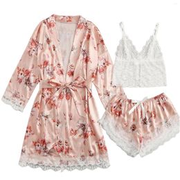 Women's Sleepwear Cami Top Shorts With Robe Women Bathrobe Sling Nightdress Sets 3 Piece Sexy Lingerie Night Gown Real Silk Homewear