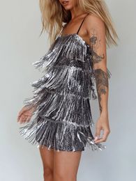 Basic Casual Dresses Fashion Womens Summer Sling Dress Silver Sleeveless Backless Sequins Tassel Club Street Style S XL 231212
