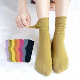 Women Socks 1/2 Pairs Girls Thin Loose Pack Harajuku Cute Long Frilly Casual Soft Nylon High Elastic Solid White Purple