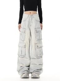 Womens Jeans Hip Hop Street White Multi Pocket AutumnWinter Direct Wash Design Floor Length Wide Leg Pants 231213
