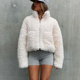 Women's Jackets 2023 Winter Lamb Fur Stand Collar Jacket Fashion Zipper Plush Cardigan Casual Street Cute Female Crop Coat Women