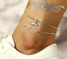 Simple Silver Color Double Layered Anklets for Women Summer Beach Fish Tail Wave Foot Chain Ankle Bracelets on Leg Jewelry5032356