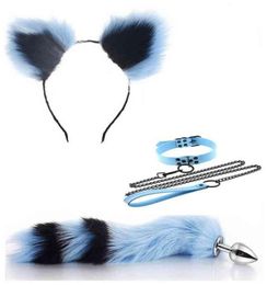 Nxy Anal Toys 3pcs Blue Black Cat Ears Headband Chain Collar Set Stainless Steel Fox Tail Plug for Female 0106 01069933280
