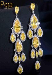 Pera Luxury Dangle Chandelier Shape Ear Jewellery Accessories Big Yellow Water Drop Crystal Stone Pave Long Earring For Women E2582311547