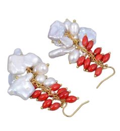 GuaiGuai Jewellery Natural White Cultured Keshi Pearl Red Rice Coral Hook Earrings For Women Lady Girl Gift Jewelry4964136