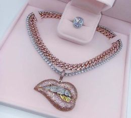 2021 Hiphop Iced Out Bling Clear Pink 5A Cubic Zirconia Big Drip Lip Pendant Necklace for Women Fashion Party Jewellery Whole5959793