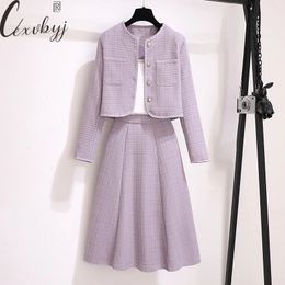 Two Piece Dress Women Elegant Tweed Skirt 2 Peice Suits French Round Neck Jacket Knee-Length High Waist Skirt Outfits Large Size Vintage Set 231212