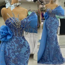 Blue Long Party Dress With Side Train Mermaid Tassel Beaded Crystals Elegant Evening Gowns Arabic Celebrity Prom Dresses BC18936