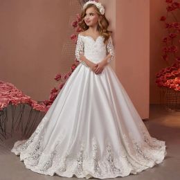 Classy Long Flower Girl Dresses Off the Shoulder Satin Full Sleeves with Lace Applique Ball Gown Floor Length Custom Made for Wedding Party