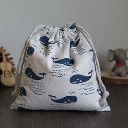 Blue Fish Linen Drawstring Bag 9x12cm 10x15cm 13x17cm pack of 50 Party Candy Sack Makeup Jewellery Gift Packaging Pouch2588