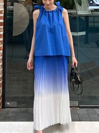 Work Dresses Summer Elegant Fashion Blue Skirts Suit Women Sleeveless Shirts Tops And Pleated A-Line Saya 2 Pieces Set Female Chic Outfits