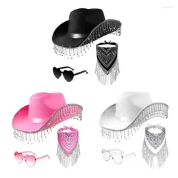 Berets Tassels Cowboy Costume Western Wide Brim Hat Neck Scarf Sunglasses Set Cosplay Party Accessories 3pcs