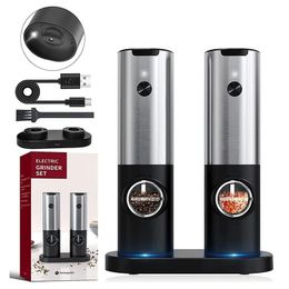 Mills Electric Salt Grinder Set USB Rechargeable Pepper Mill With LED Light Adjustable Coarseness Kitchen Tools 231213