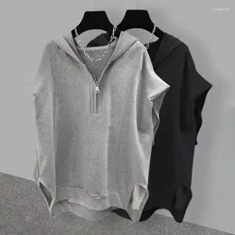 Men's T Shirts Summer Solid Half-zip Hooded Sleeveless T-shirt Handsome Casual Loose High Street Vests Men Tops Male Clothes