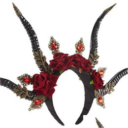 Hair Accessories Gothic Antelope Long Horns Crown Retro Red Crystal Rose Halloween Headdress Vintage Party Headband Decors Drop Delive Dhuqa