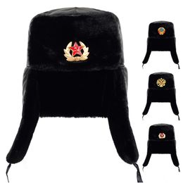 Trapper Hats Soviet Army Military Badge Russia Ushanka Bomber Pilot trooper Hat Winter Faux Rabbit Fur Earflap Men Snow Caps 231213