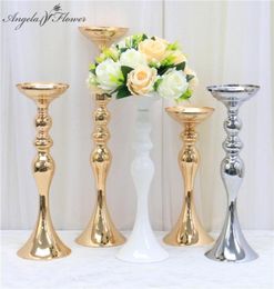 Gold White Silver Candle Holders Metal Candlestick Flower Stand Vase Table Centrepiece Event Flower Rack Road Lead Wedding Decor T6218086