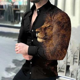 Men's Casual Shirts Long Sleeve Men Shirt 3d Animal Print Stand Collar With Sleeves Slim Fit Cardigan Buttons Soft For Fall