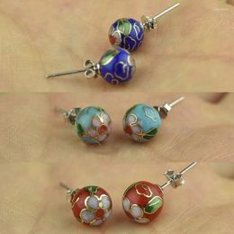 Stud Earrings Polished Fancy Enamel 8mm Round Bead Cloisonne Filigree Colorful 925 Silver Needle Ear Nails Ladies Accessories