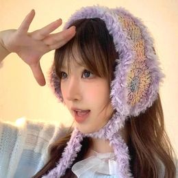 Berets Harajuku Crochet Knitted Wool Earmuff Plush Ear Protection Strap Warmer Winter Thicken Warm Lace-up Hairband Y2k Accessories