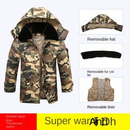 Men's Fur Faux Camo Large Winter Thickened Military Cotton Jacket Cold Storage Desert Work Clothing Labor Protective 231213