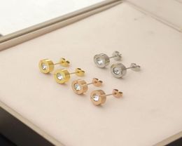 Europe America Style Lady Women Titanium Steel Engraved B Initials Single Diamond Round Stud Earrings 3 Color5304173