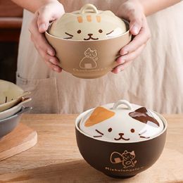 Bowls Japanese Creative Ceramic Soup Bowl Cute Cartoon Animals with Lid Cat Household Instant Noodles Rice Tableware 231213