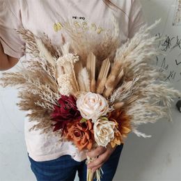 Decorative Flowers Boho Bridal Wedding Bouquet Dried Pampas Grass Orange Artificial Bouquets Vintage Fall Ceremony