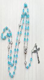 Blue Opal Rosary Necklace Long Metal Catholic Prayer Jewellery For Men Women7819482