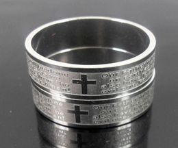 25pcs Etched Silver Mens English Lord039s prayer stainless steel Cross rings Religious Rings Men039s Gift Whole Jewellery 1166555