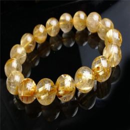 13mm Brazil Genuine Natural Yellow Gold Hair Rutilated Quartz Stone Round Crystal Bead Bracelet CPAM Beaded Strands301I