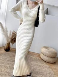 Casual Dresses Knitted Long Dress Women Winter Sweater Female Elegant Slim Sleeve Ankle Length Ladies Warm Office