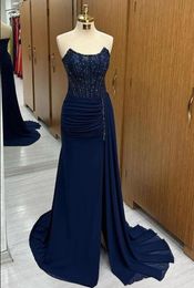 Navy Lace Evening Party Dresses Exquisite Bead Strapless Side Slit Evening Gowns Prom Dress Ruched Chiffon