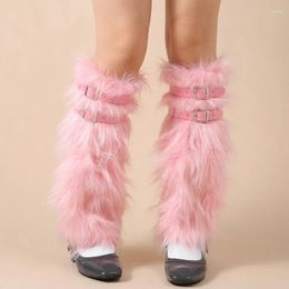 Women Socks Fur Lolita Kawaii Autumn Winter Clothes Square Buckle Belt Decor Punk Boots Shoes Cuffs Covers