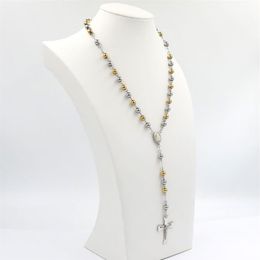 1 Stainless steel Ball Virgin Mary Rosary Necklaces Bead Chain Pendant Catholic Church Women Men Cross Jesus Christian Jewelry2024