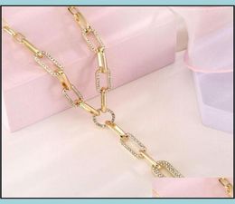 Chains Necklaces Pendants Jewelry Gold Sier Color Paper Clip Thick Chain Necklace Female Sweater Aessories Shiny Rhinestone Stit8535846