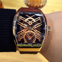 High Quality VANGUARD NEW SARATOGE V 45 T SQT Rose Gold Skeleton Dial Automatic Mechanical Mens Watch Rose Gold Case Leather Strap317i