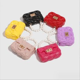 Designer kids jelly change purse Fashion Mini pearl chain casual zero wallets rhombus small Coin purse Children Letter Messenger girls Bags F1781