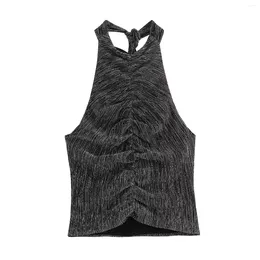 Women's Tanks Female Metallic Thread Halter Tie Tops 2024 Summer Woman's Symmetry Pleat Top Sexy Open Back Sleeveless Short Camisole