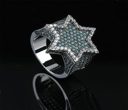 Mint Green Cubic Zirconia Bling Ice Out Jewish Star of David Hexagram Rings for Men Hip Hop Rapper Jewelry Gold Silver5570709